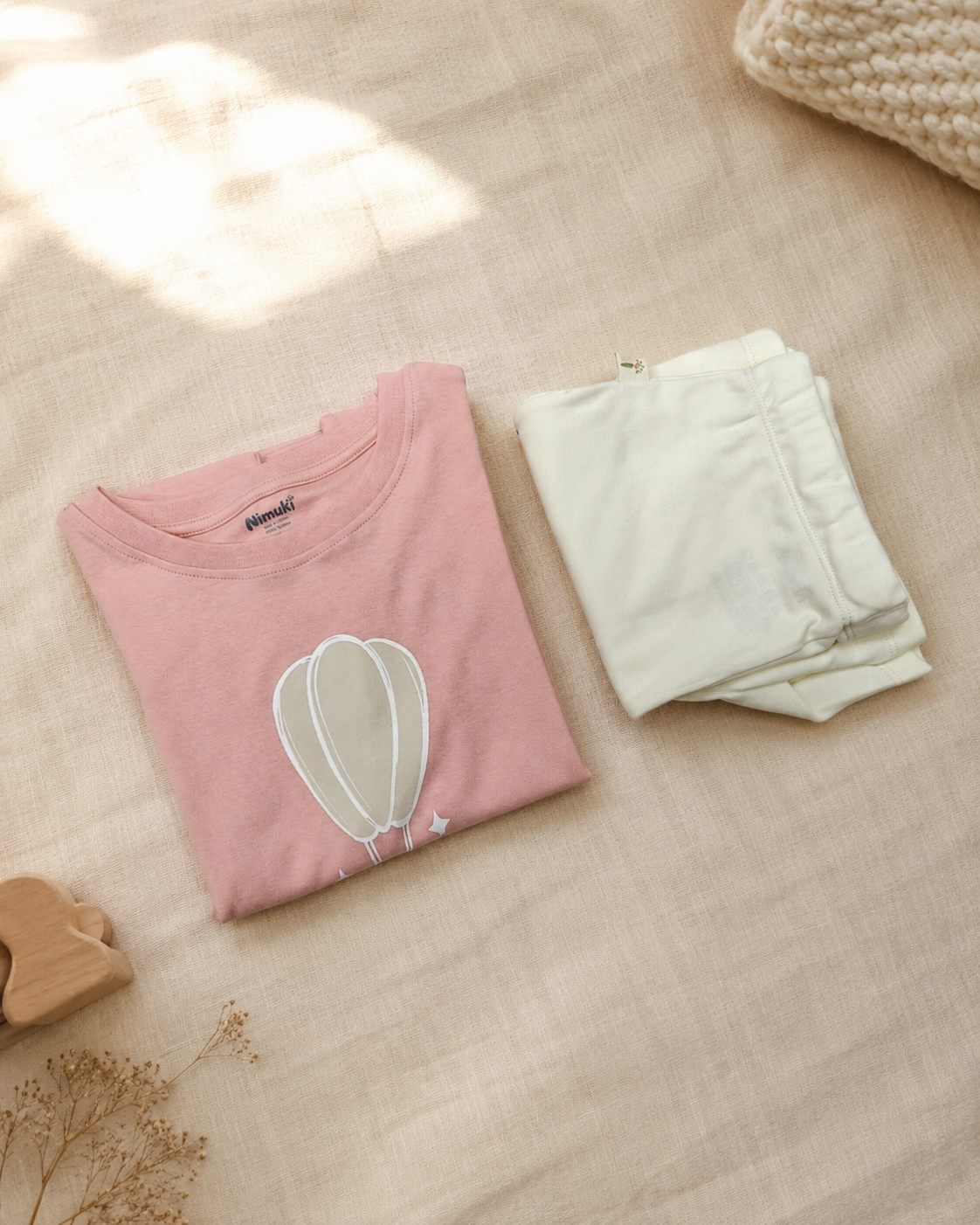 Peach Hot Air Balloon kids coord set with cream shorts, folded flat lay showing fabric detail