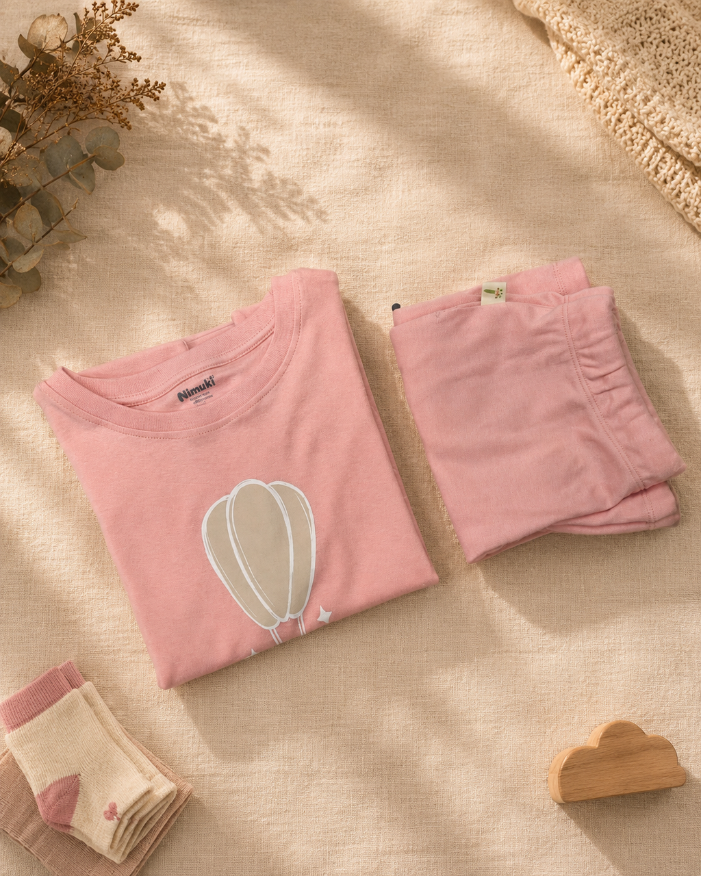 Peach Hot Air Balloon kids coord set, folded flat lay showing fabric detail