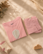 Peach Hot Air Balloon kids coord set, folded flat lay showing fabric detail