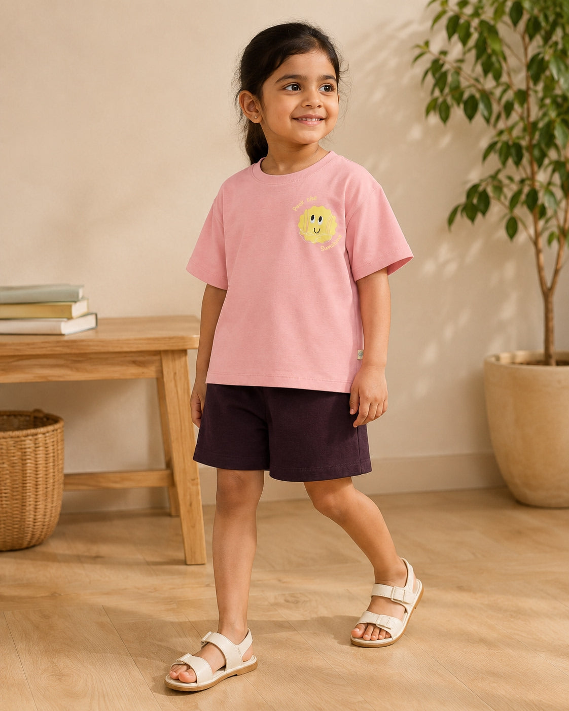 Peach Pocket Sunshine kids coord set with coffee brown shorts, full outfit front view