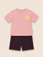 Peach Pocket Sunshine kids coord set with coffee brown shorts, laid flat front view