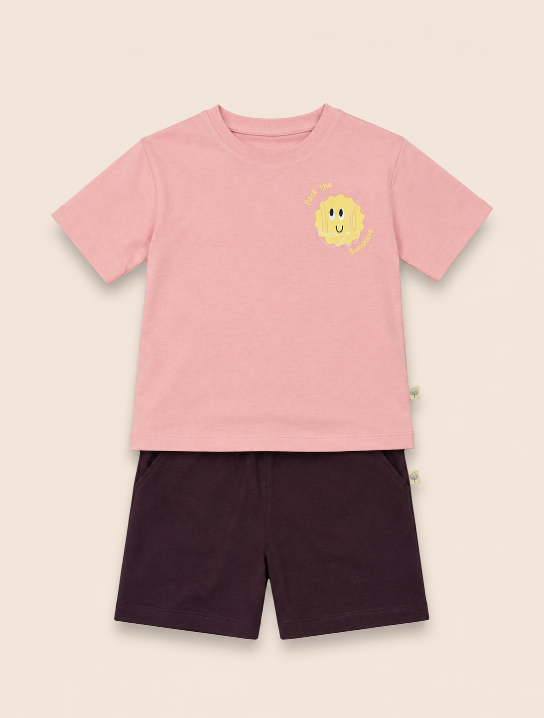 Peach Pocket Sunshine kids coord set with coffee brown shorts, laid flat front view