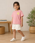 Peach Pocket Sunshine kids coord set with cream shorts, full outfit front view