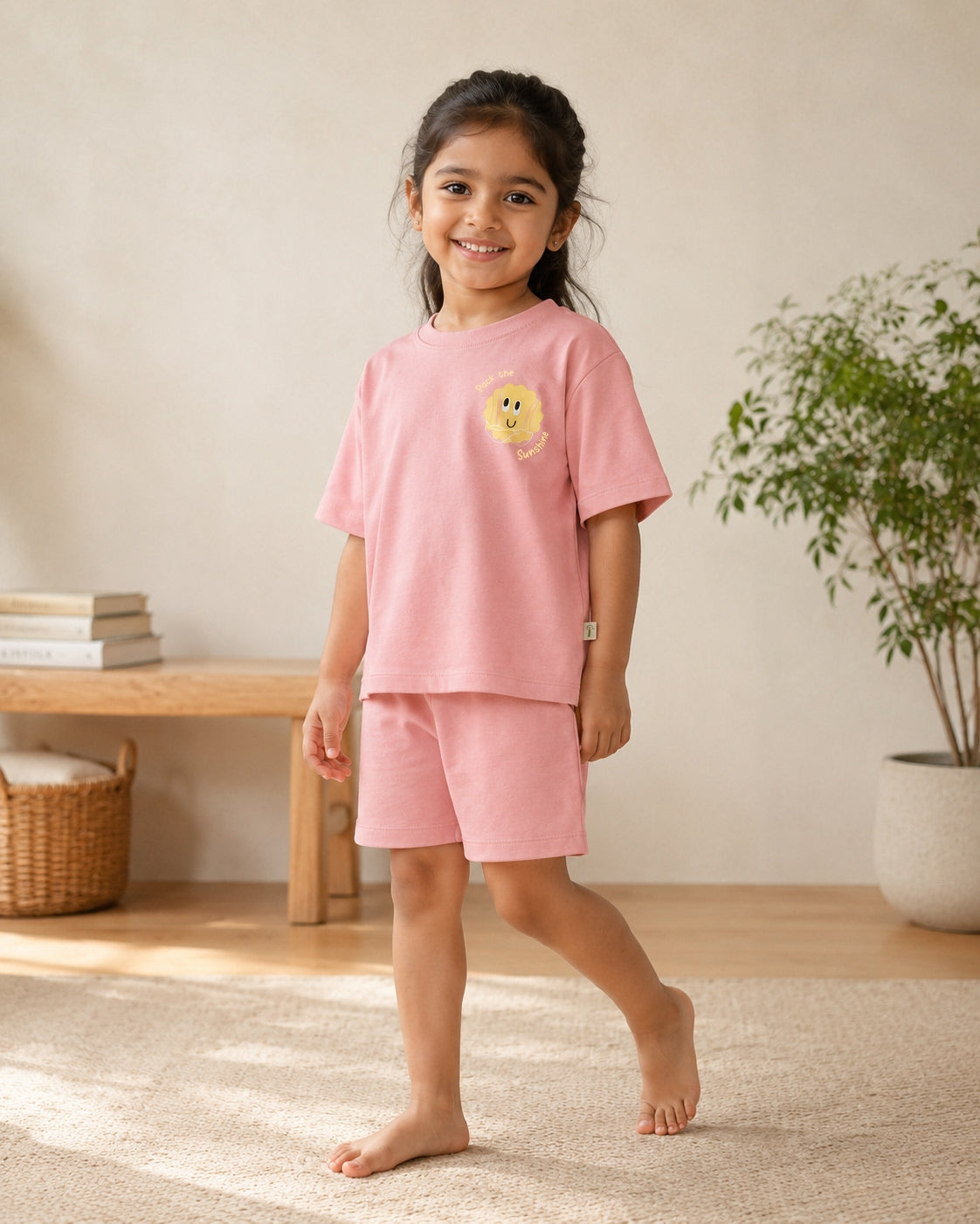 Peach Pocket Sunshine kids coord set, full outfit front view
