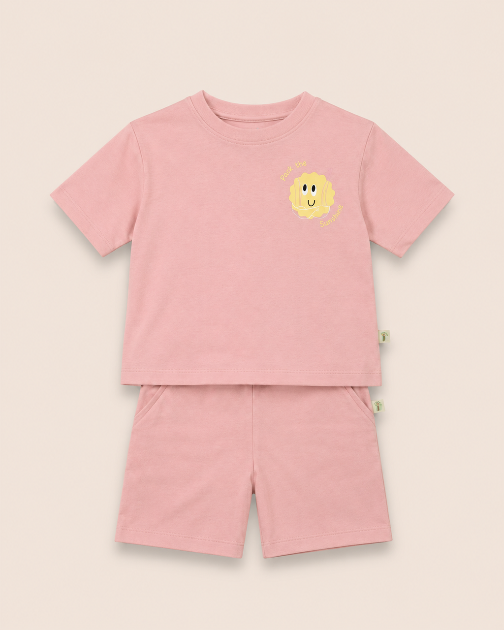 Peach Pocket Sunshine kids coord set, laid flat front view