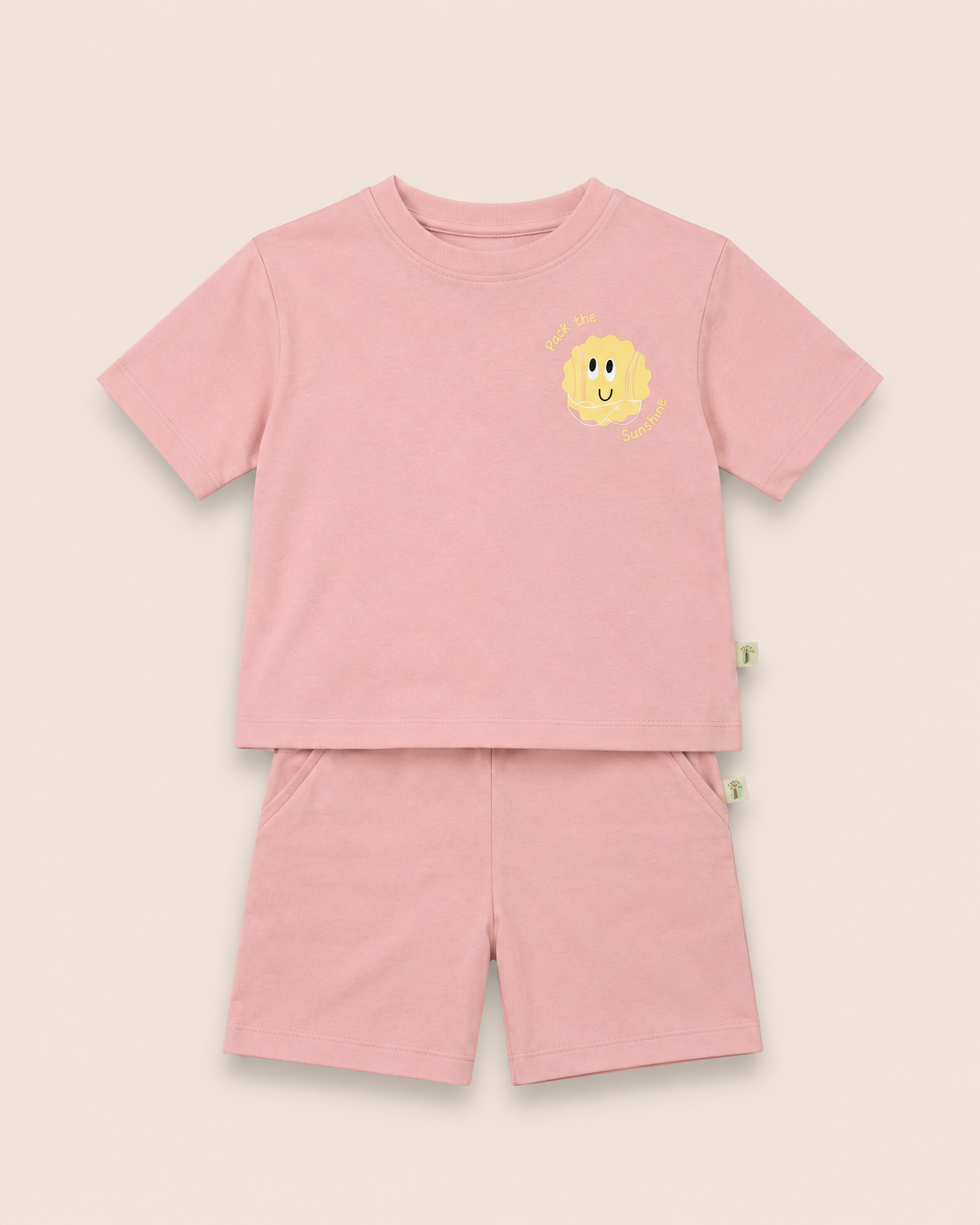 Peach Pocket Sunshine kids coord set, laid flat front view