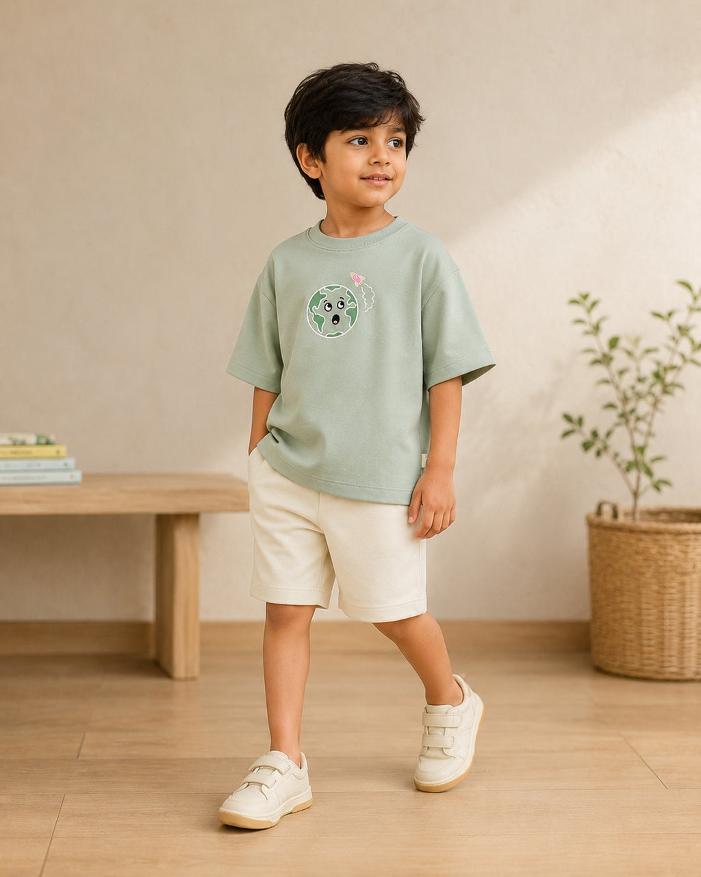 Sage Green Planet Explorer kids coord set with cream shorts, full outfit front view