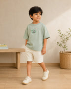 Sage Green Planet Explorer kids coord set with cream shorts, full outfit front view