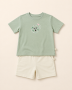 Sage Green Planet Explorer kids coord set with cream shorts, laid flat front view