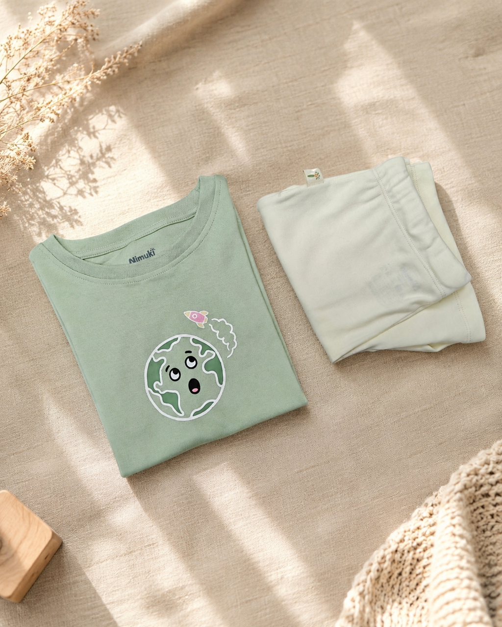 Sage Green Planet Explorer kids coord set with cream shorts, folded flat lay showing fabric detail