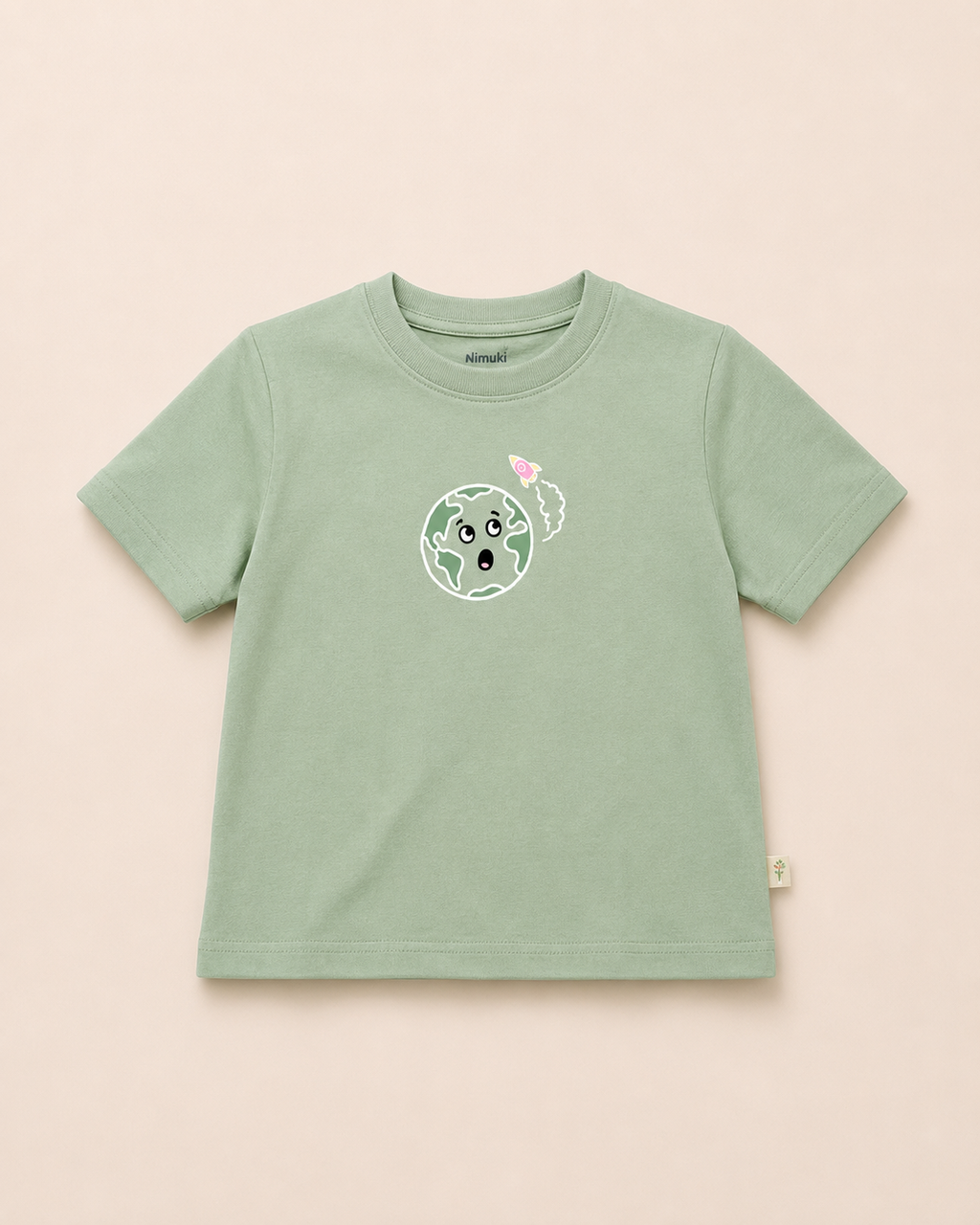 Sage Green Planet Explorer kids coord set, sage green tee detail