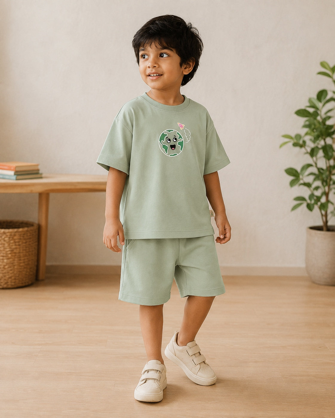 Sage Green Planet Explorer kids coord set, full outfit front view
