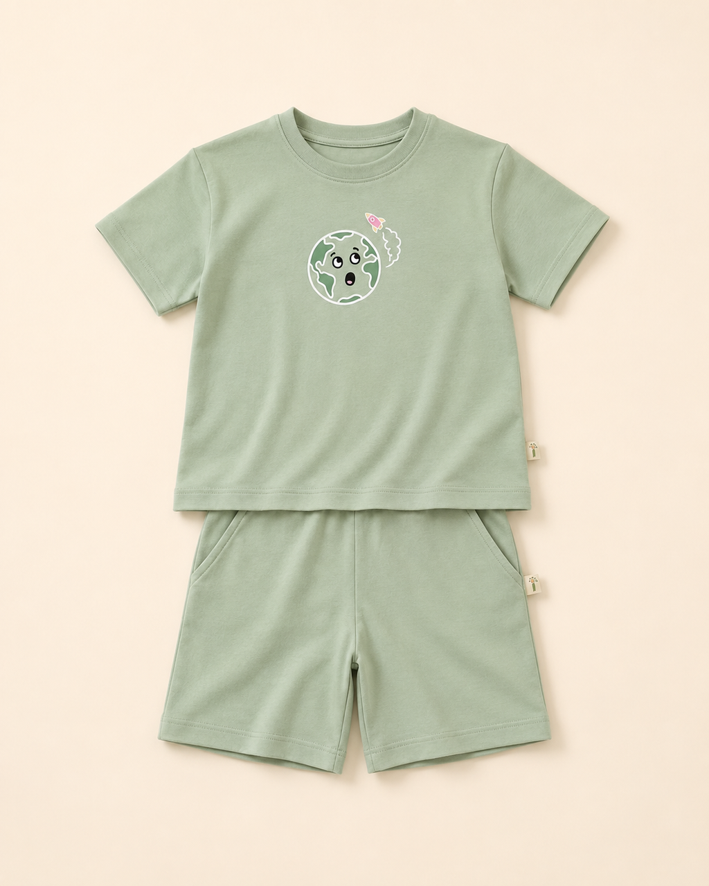 Sage Green Planet Explorer kids coord set, laid flat front view