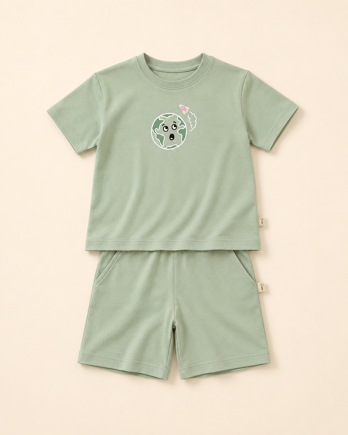 Sage Green Planet Explorer kids coord set, laid flat front view