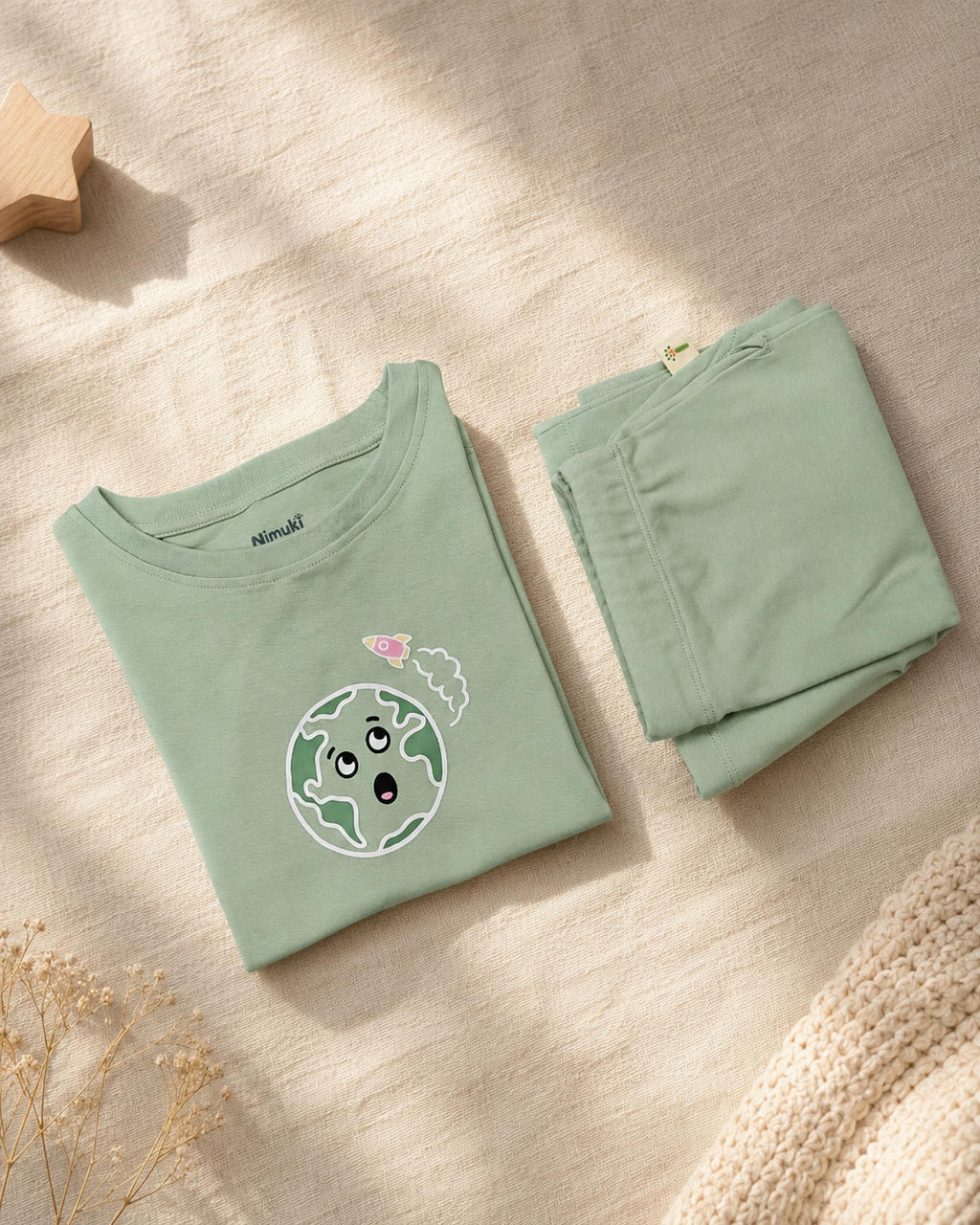 Sage Green Planet Explorer kids coord set, folded flat lay showing fabric detail