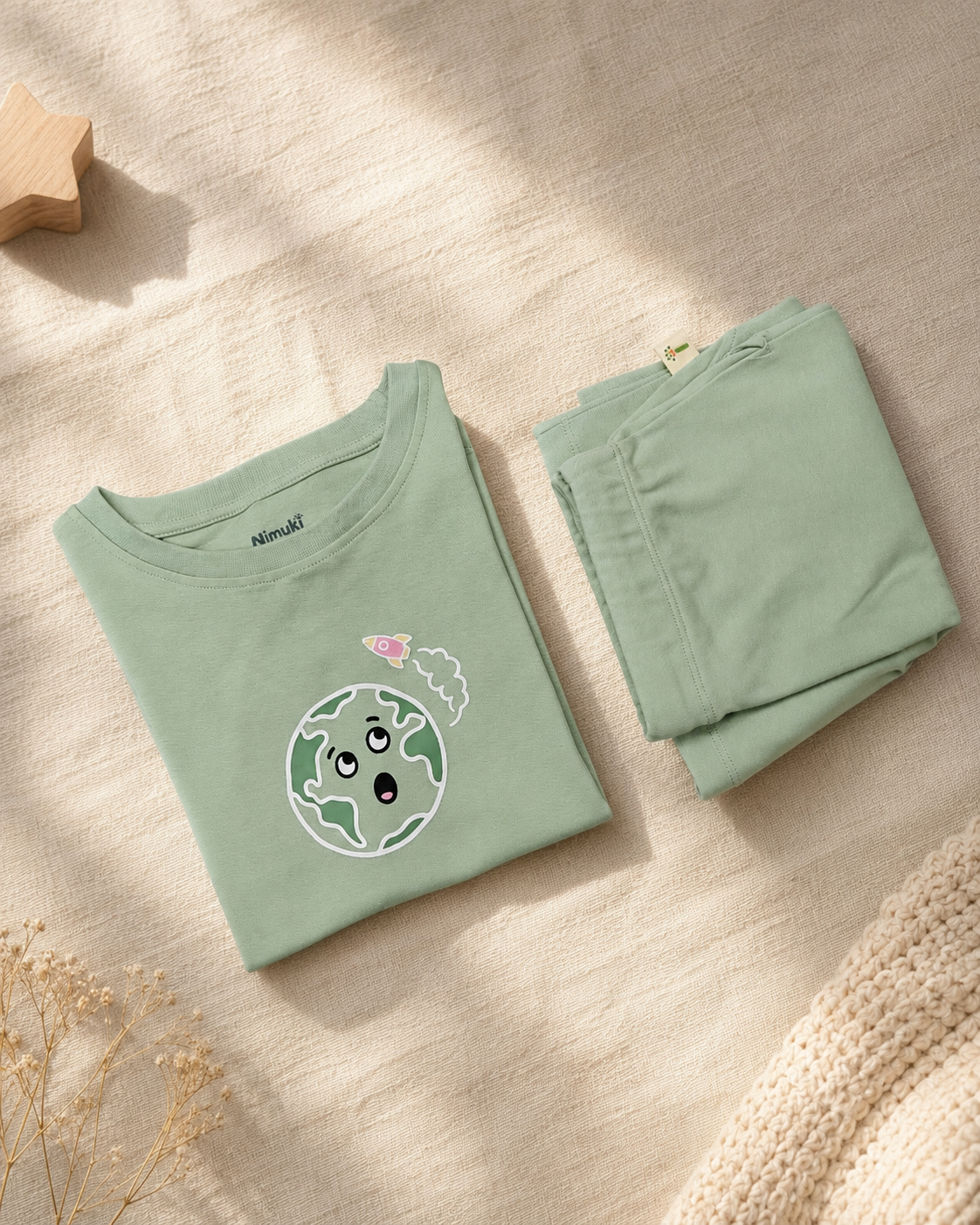 Sage Green Planet Explorer kids coord set, folded flat lay showing fabric detail