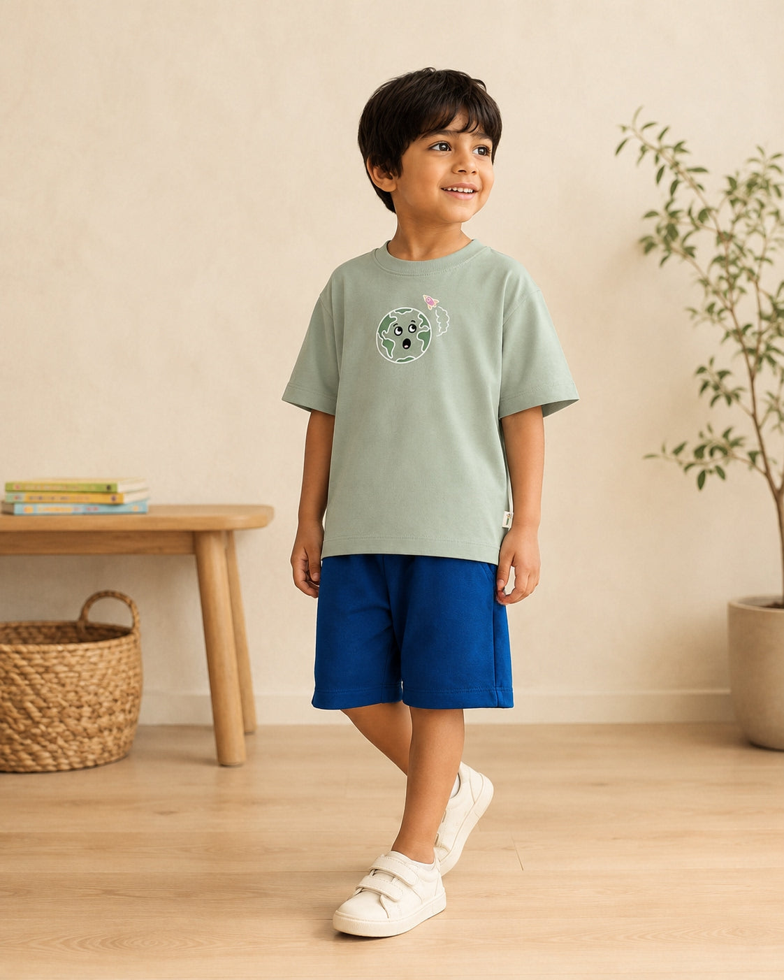 Sage Green Planet Explorer kids coord set with teal blue shorts, full outfit front view