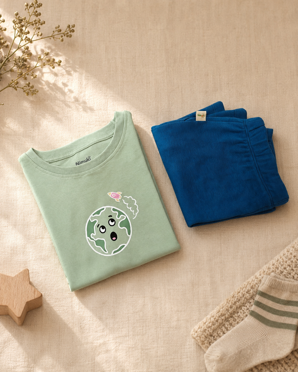 Sage Green Planet Explorer kids coord set with teal blue shorts, folded flat lay showing fabric detail