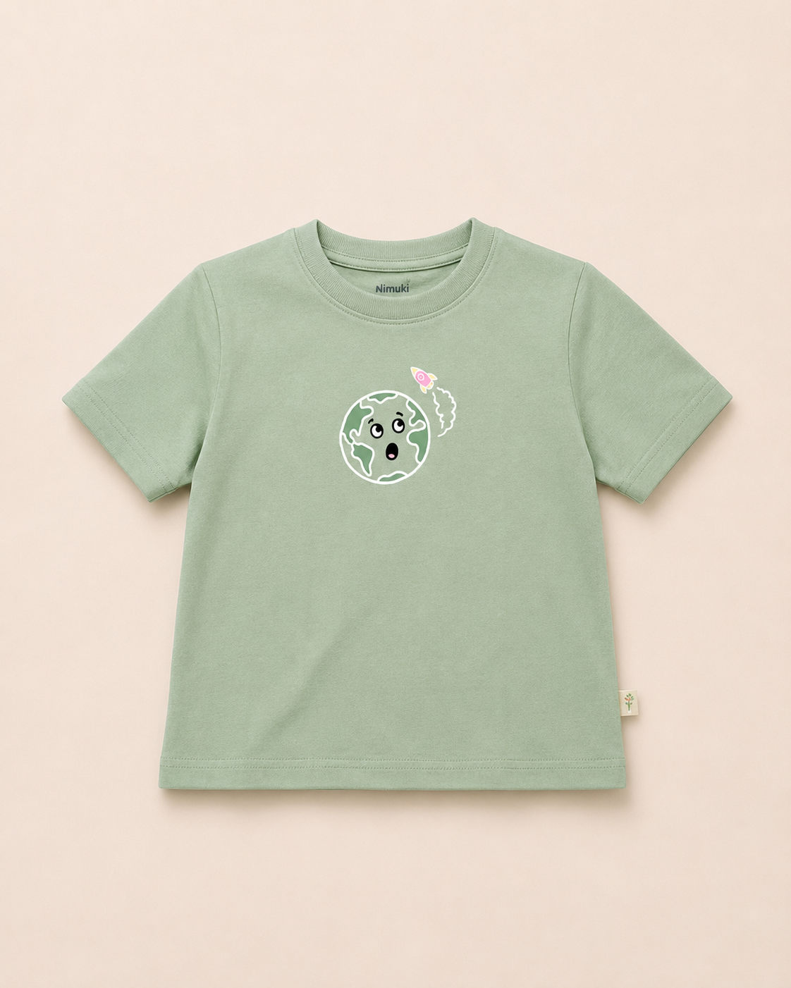 Sage Green Planet Explorer kids coord set, sage green tee detail