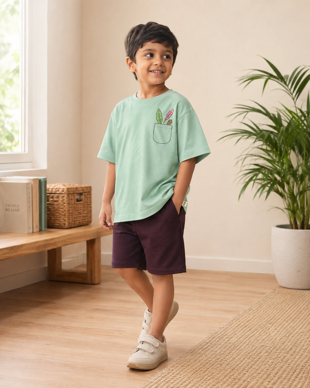 Sage Green Pocket Discovery kids coord set with coffee brown shorts, full outfit front view