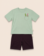 Sage Green Pocket Discovery kids coord set with coffee brown shorts, laid flat front view