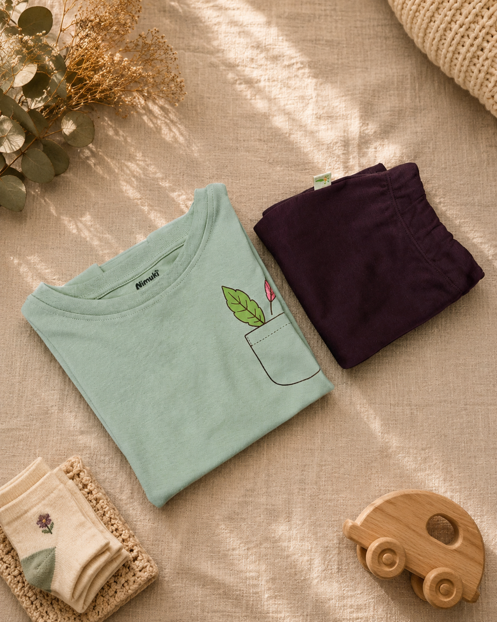 Sage Green Pocket Discovery kids coord set with coffee brown shorts, folded flat lay showing fabric detail