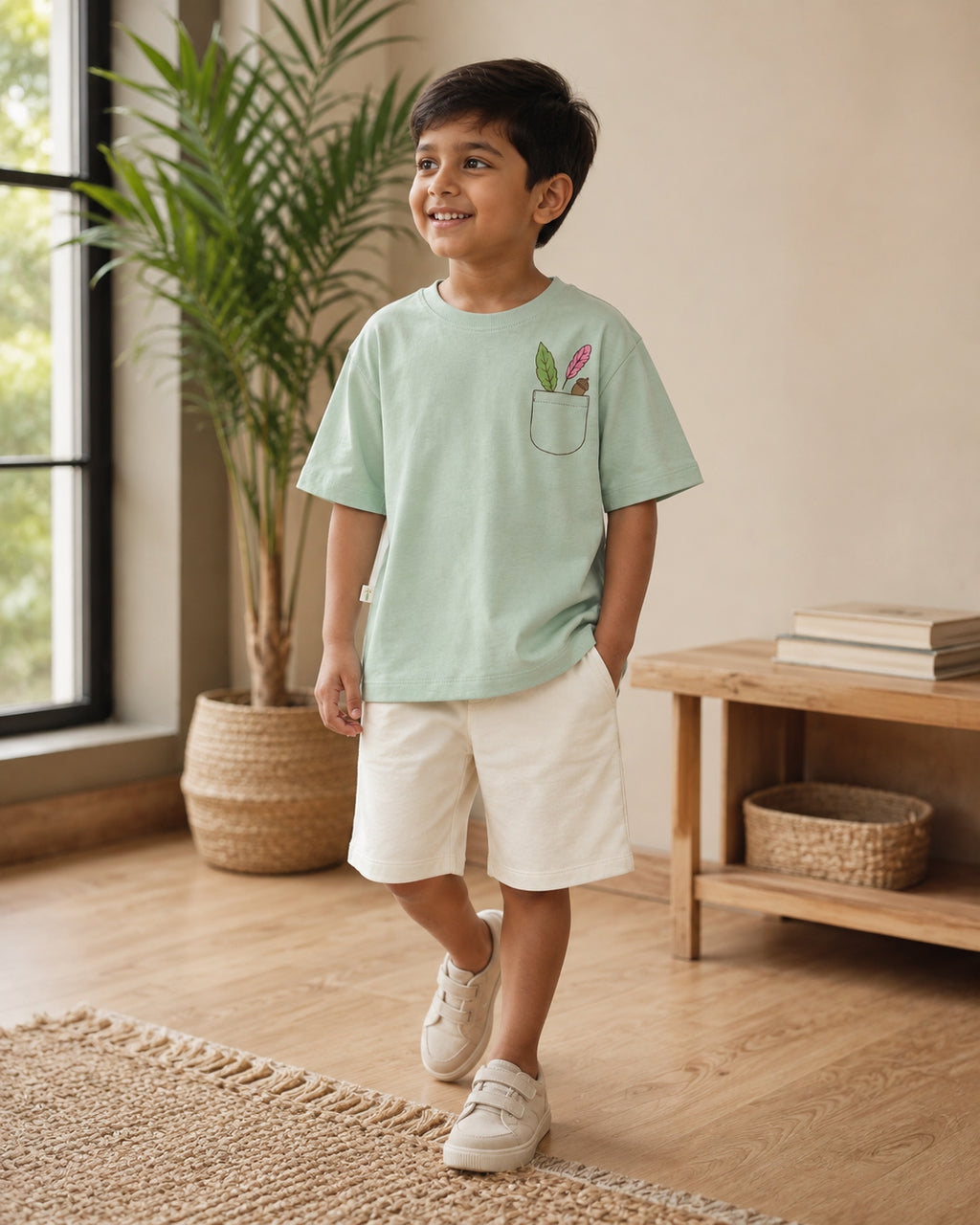 Sage Green Pocket Discovery kids coord set with cream shorts, full outfit front view