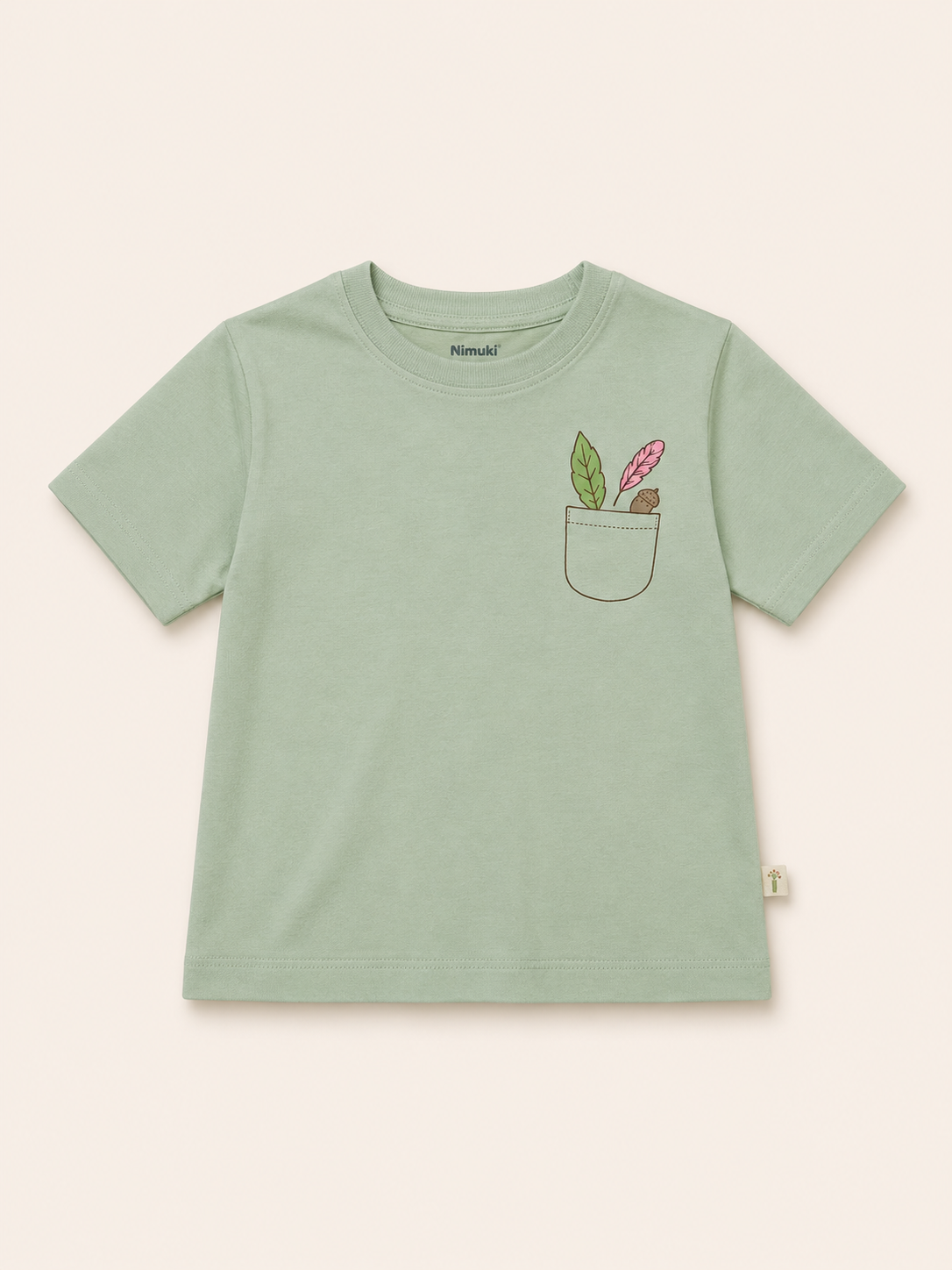Sage Green Pocket Discovery kids coord set, sage green tee detail