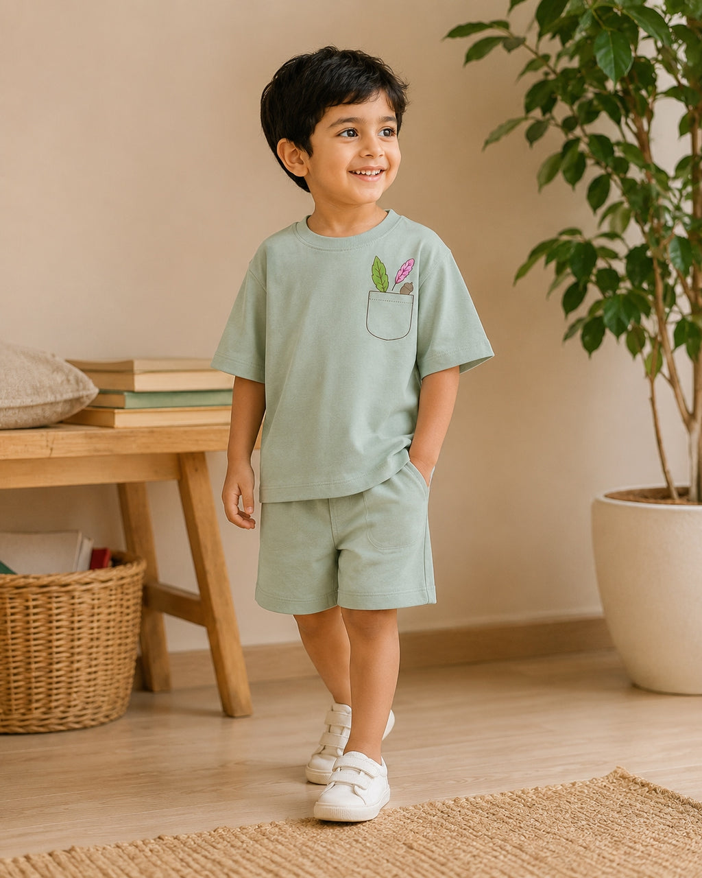 Sage Green Pocket Discovery kids coord set, full outfit front view