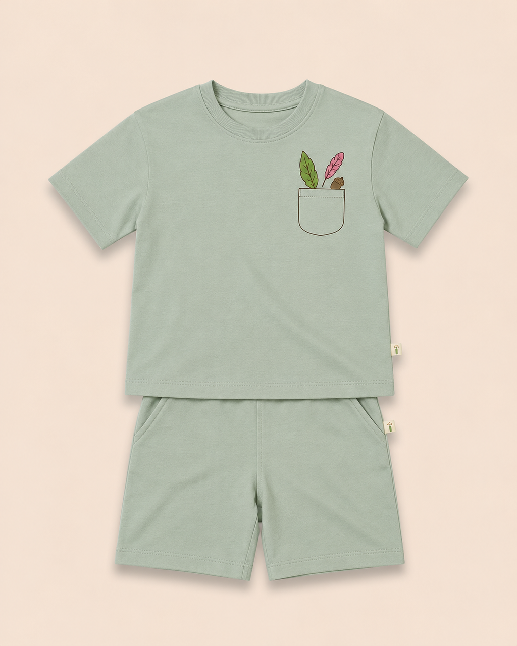 Sage Green Pocket Discovery kids coord set, laid flat front view