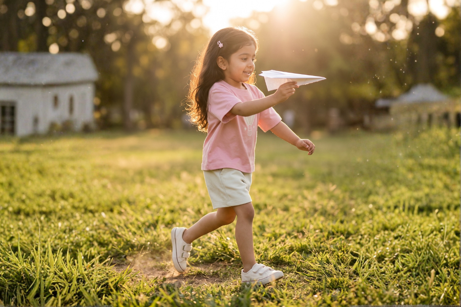 Nimuki story image: a child playing with a paper aeroplane
