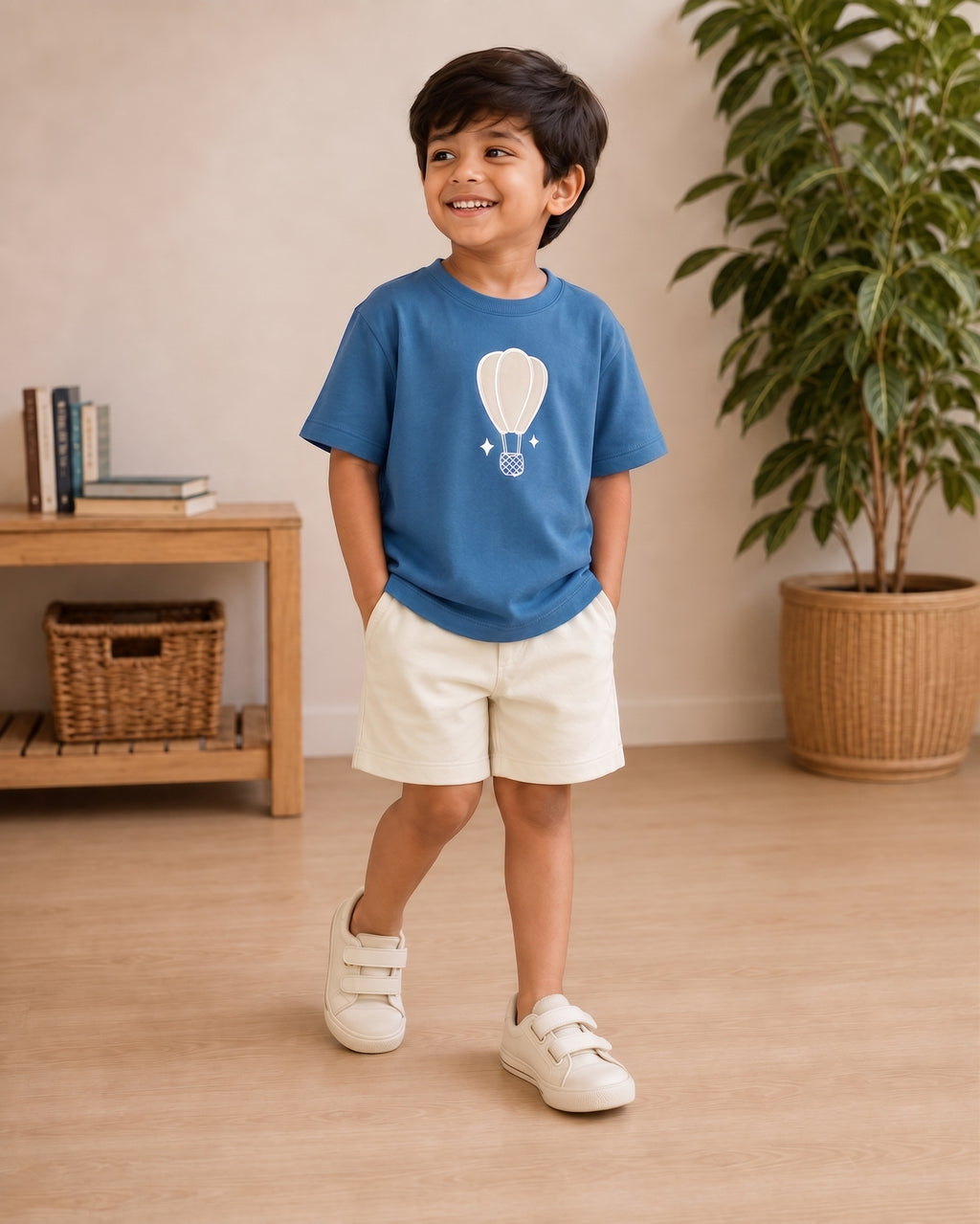 Teal Blue Hot Air Balloon kids coord set with cream shorts, full outfit front view