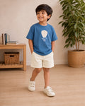 Teal Blue Hot Air Balloon kids coord set with cream shorts, full outfit front view