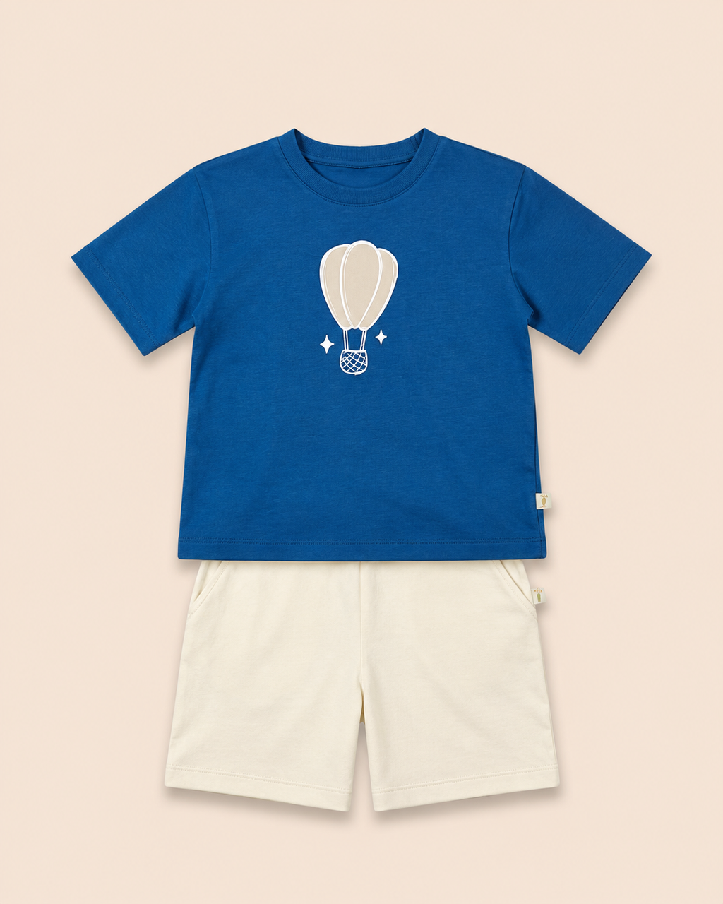 Teal Blue Hot Air Balloon kids coord set with cream shorts, laid flat front view
