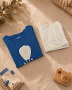 Teal Blue Hot Air Balloon kids coord set with cream shorts, folded flat lay showing fabric detail
