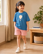 Teal Blue Hot Air Balloon kids coord set with peach shorts, full outfit front view