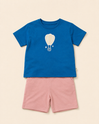 Teal Blue Hot Air Balloon kids coord set with peach shorts, laid flat front view