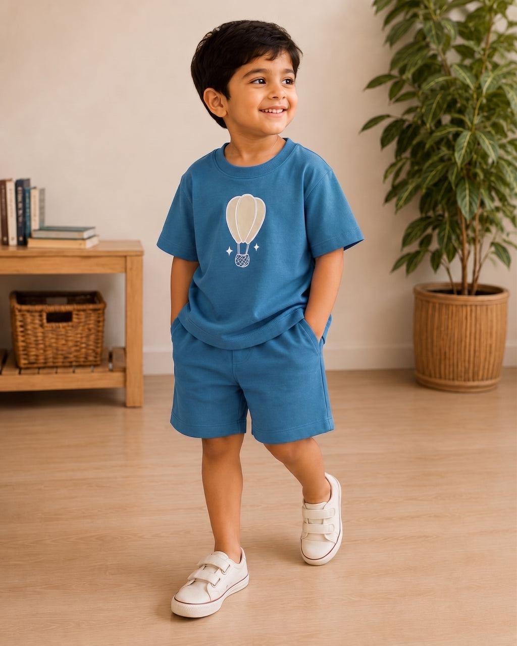 Teal Blue Hot Air Balloon kids coord set, full outfit front view