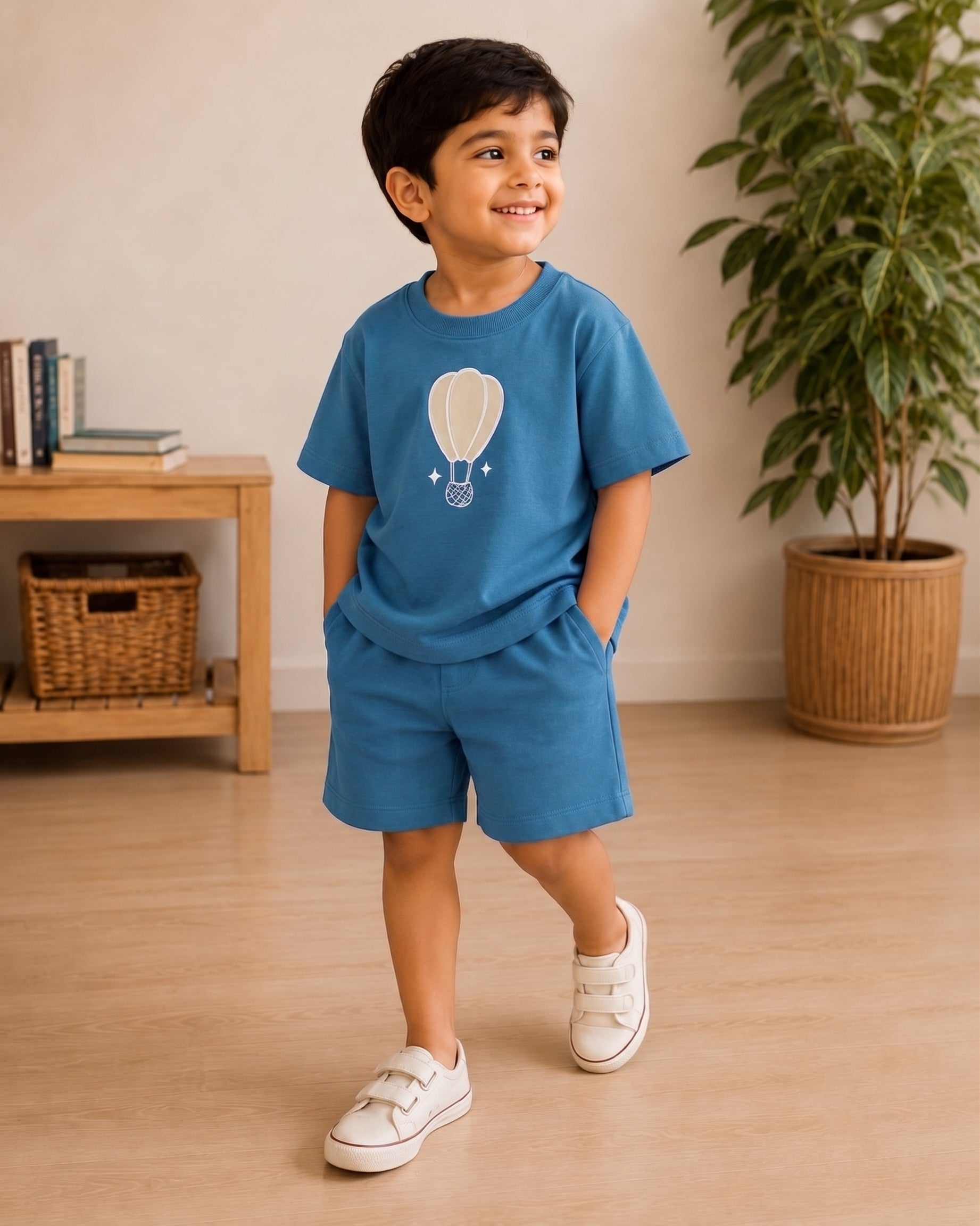 Teal Blue Hot Air Balloon kids coord set, full outfit front view