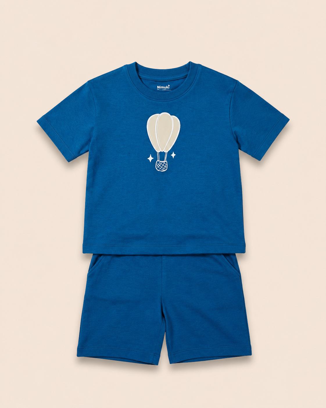 Teal Blue Hot Air Balloon kids coord set, laid flat front view