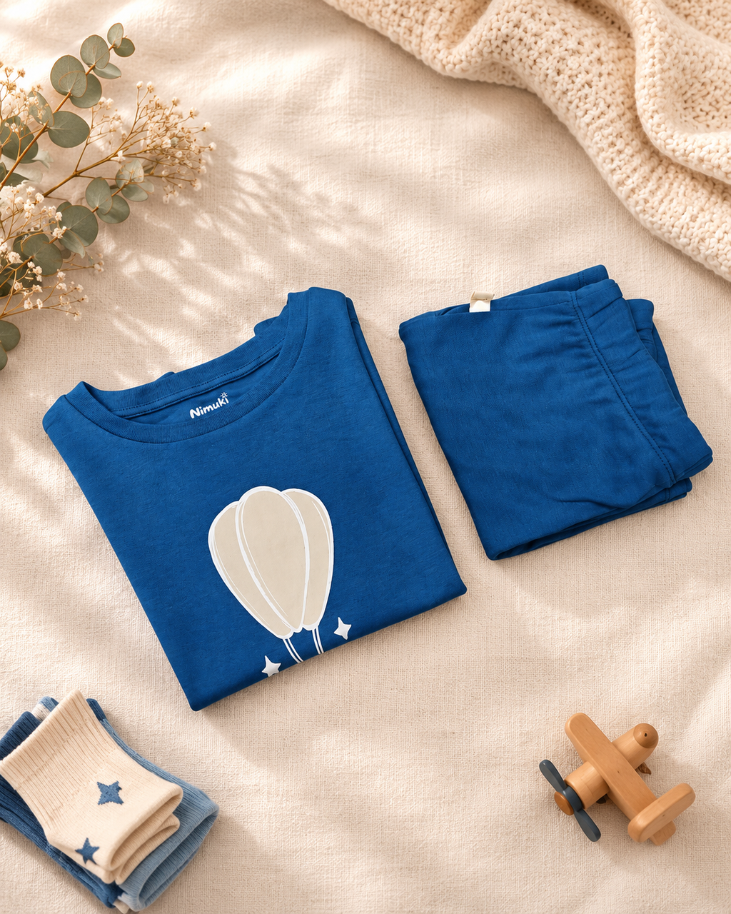 Teal Blue Hot Air Balloon kids coord set, folded flat lay showing fabric detail