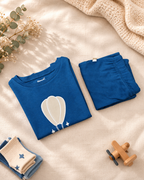 Teal Blue Hot Air Balloon kids coord set, folded flat lay showing fabric detail
