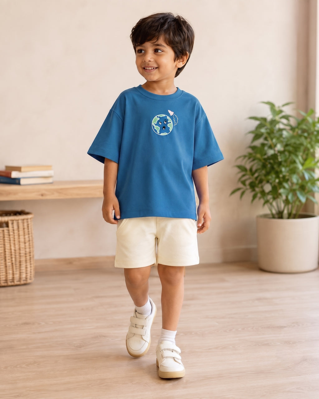 Teal Blue Planet Explorer kids coord set with cream shorts, full outfit front view