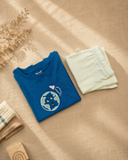 Teal Blue Planet Explorer kids coord set with cream shorts, folded flat lay showing fabric detail