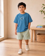 Teal Blue Planet Explorer kids coord set with sage green shorts, full outfit front view
