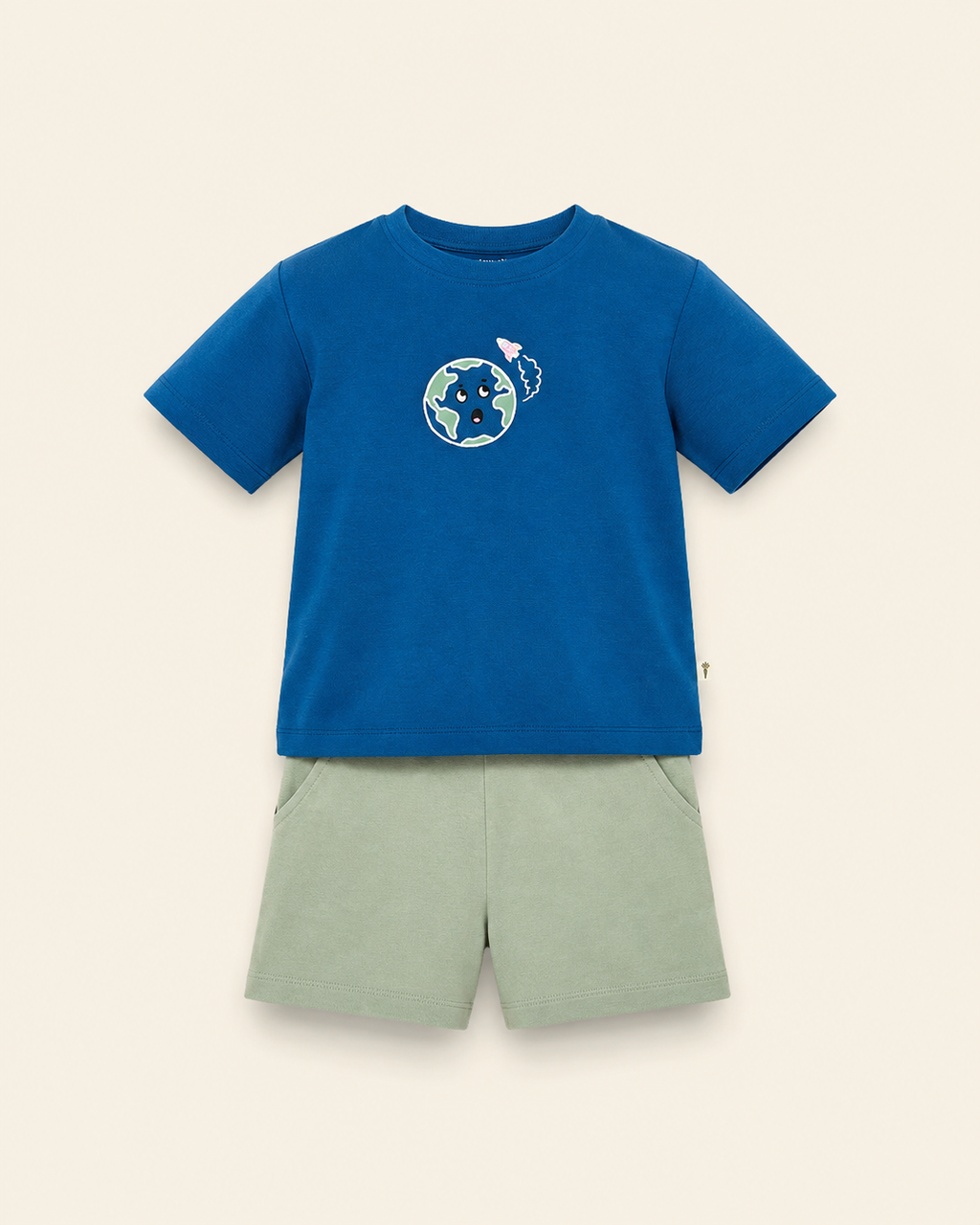 Teal Blue Planet Explorer kids coord set with sage green shorts, laid flat front view