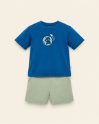 Teal Blue Planet Explorer kids coord set with sage green shorts, laid flat front view