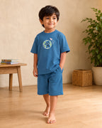 Teal Blue Planet Explorer kids coord set for ages 3-6, full outfit front view