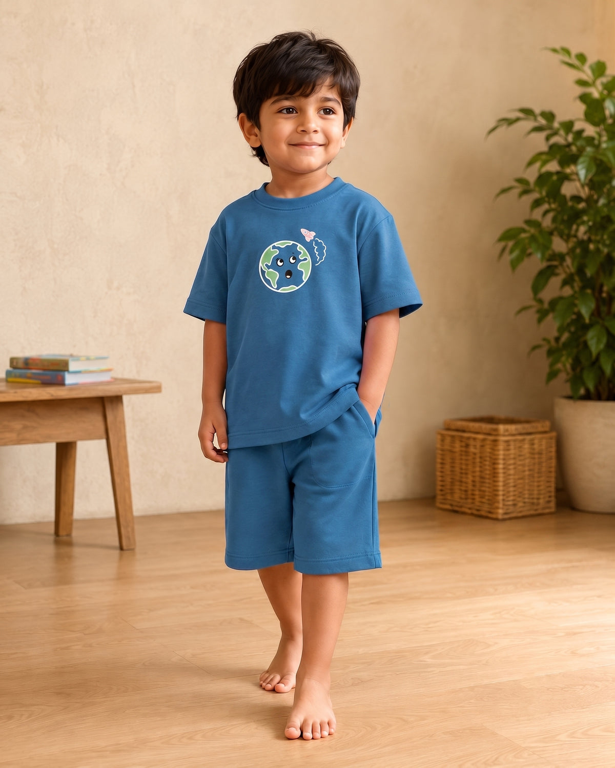 Teal Blue Planet Explorer kids coord set for ages 3-6, full outfit front view