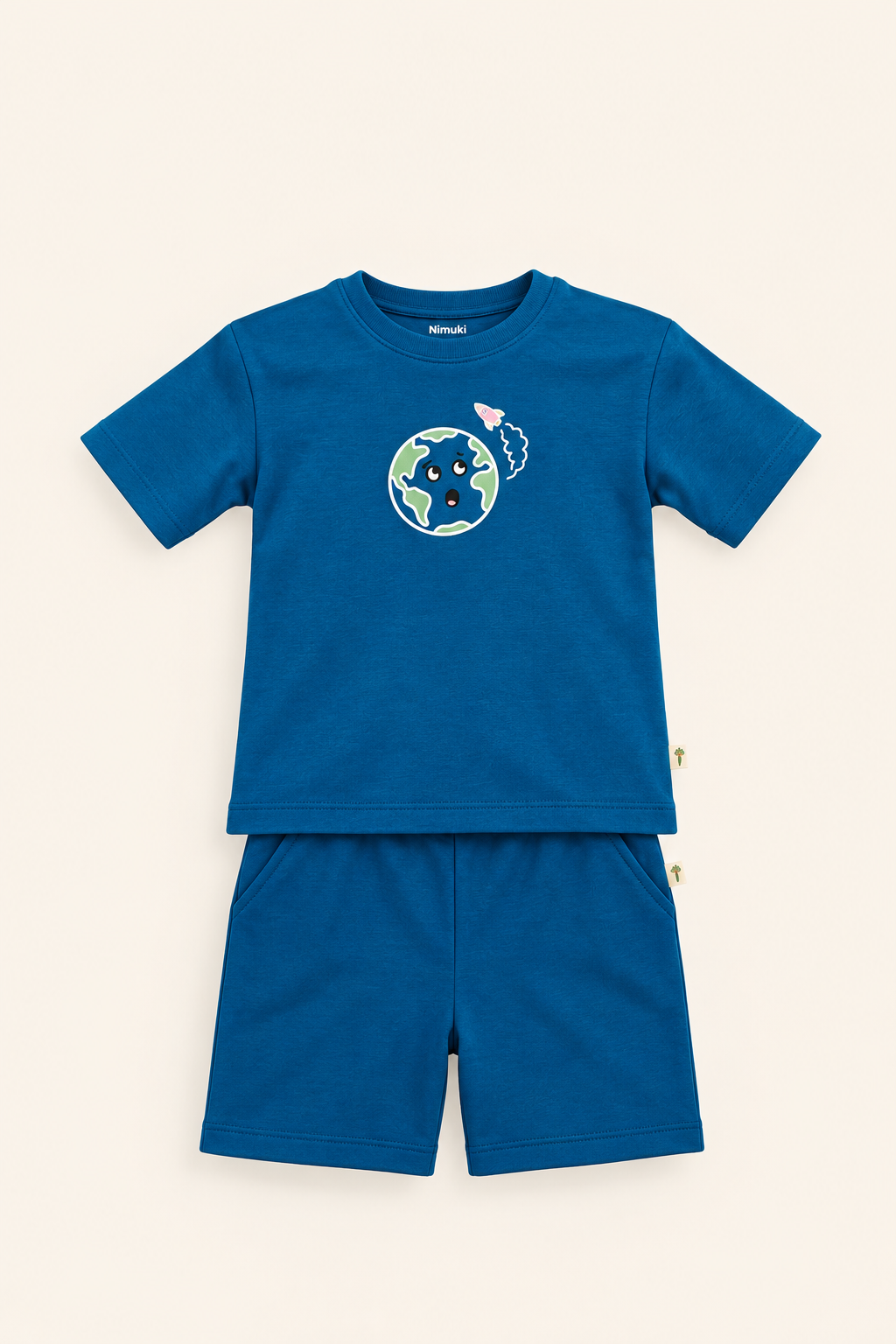 Teal Blue Planet Explorer kids coord set laid flat, front view